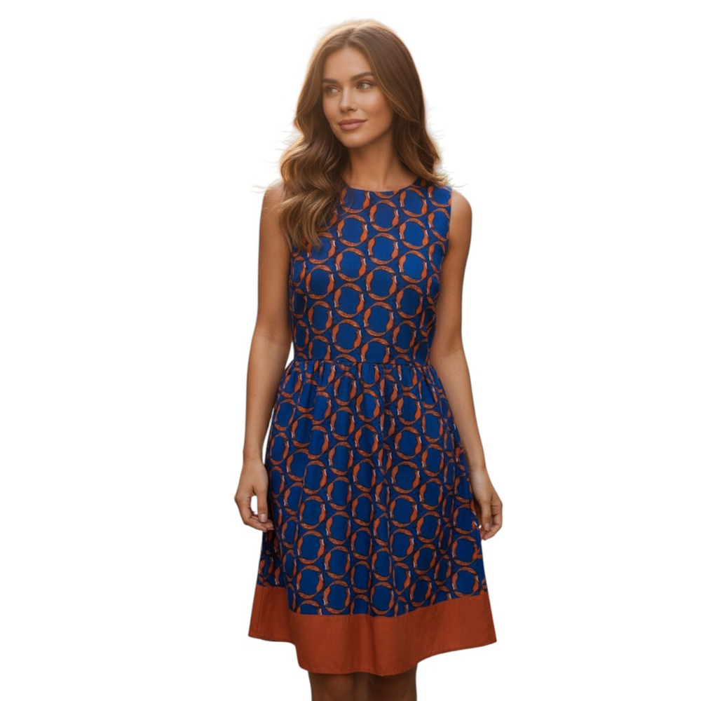 Maison Jules Fox Print Fit & Flare Dress XS Blue Orange Sleeveless Preppy Retro